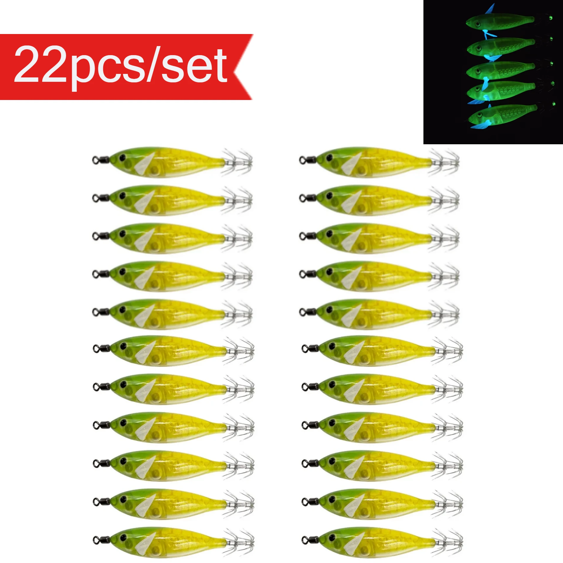 22個入りセット、8cm、57g。発光機能付きのイカ型ルアー、釣り針、海水釣り用アクセサリー、人工餌、タコ型ルアー。