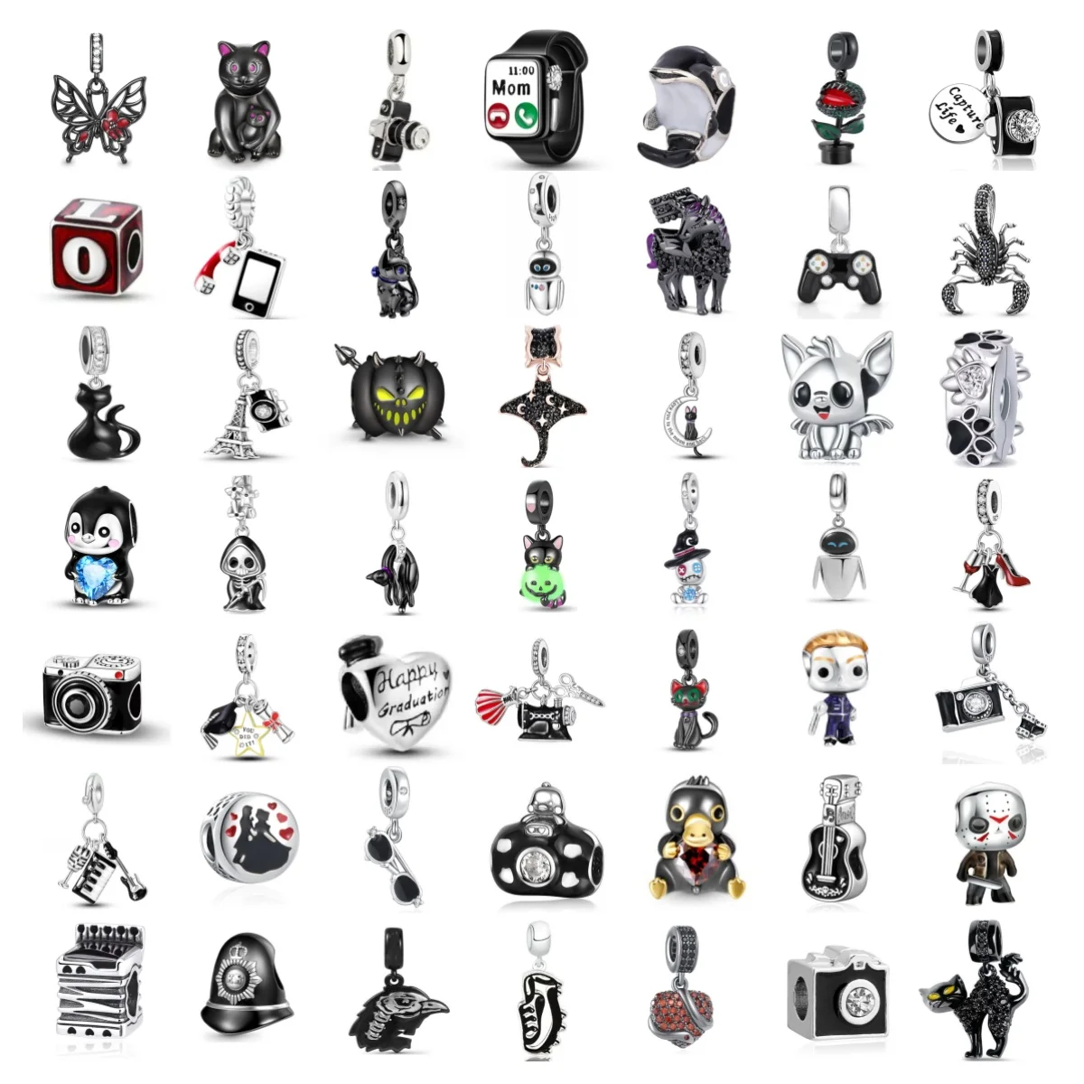 

Charm Black Series 925 Silver Cannibal Flower Bat Game Console Camera Black Cat Pendant Fit European Bracelet DIY Jewelry Gift
