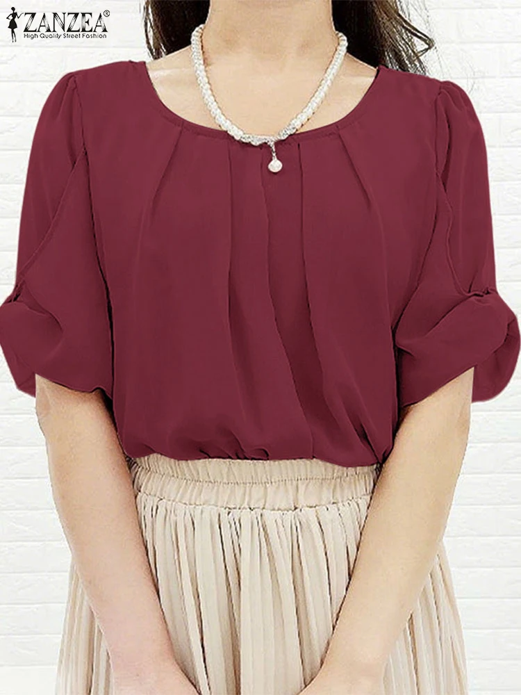 ZANZEA Frauen Elegante Gefaltete Blusen 2025, Sommer Oansatz Halbe Hülse Casual Blusas de Mujer Einfarbig Pendeln Tops Streetwear