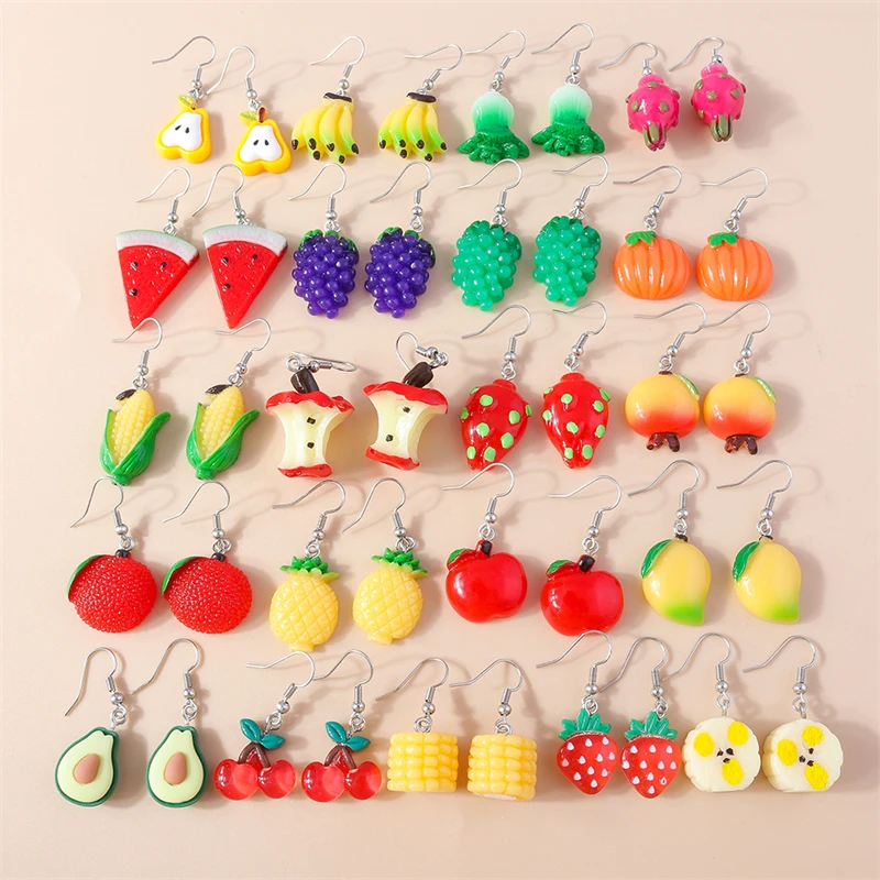 Fashion Summer Fruit Drop Earrings for Women Resin Banana Strawberry Cherry Dangle Hooks Earrings Girls Party Jewelry Gifts