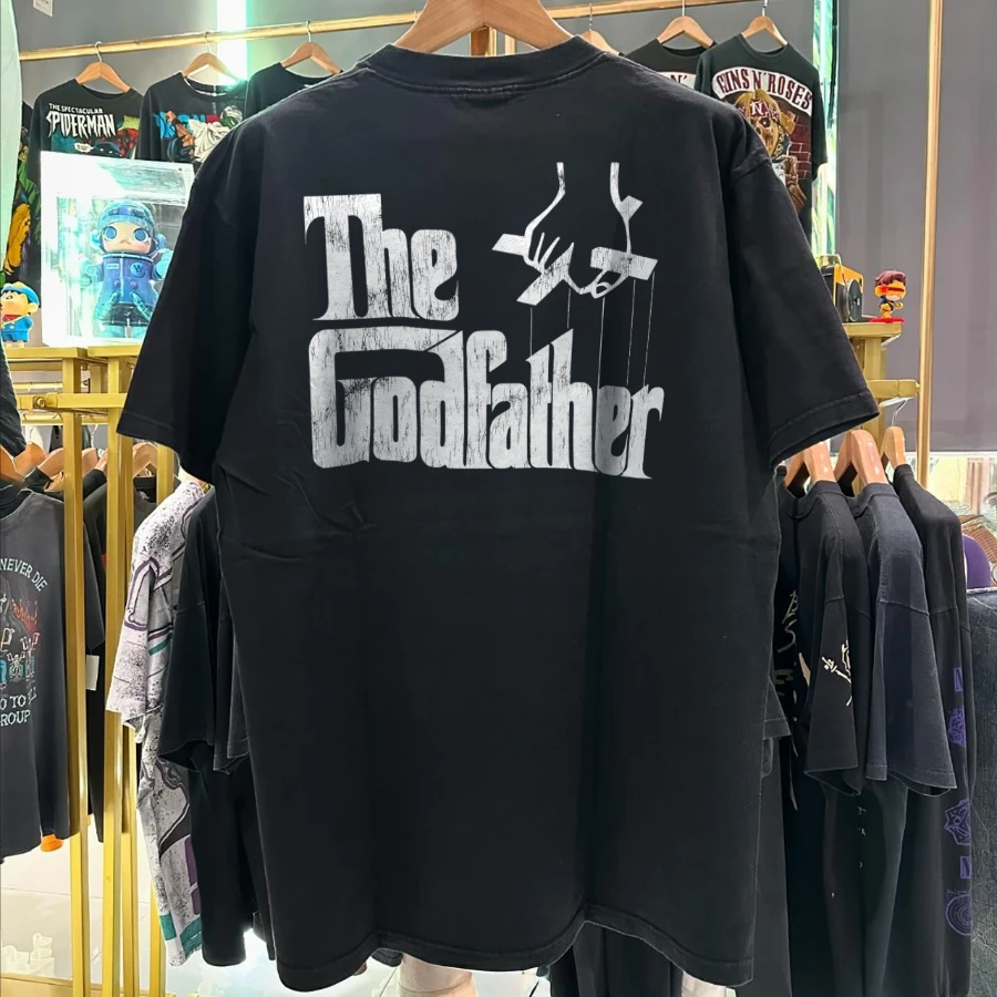 Don Corieone The Godfather Promo Rare Washed Black T-Shirt Y2K Style Underground Print Loose Retro Summer