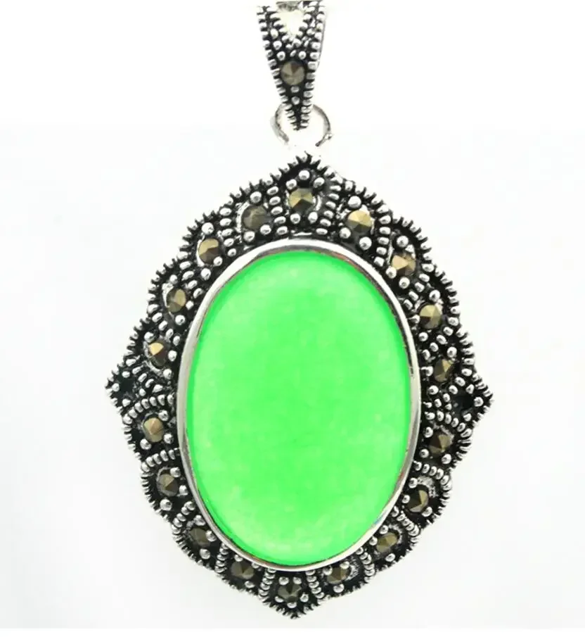 

Natural Green Bead 925 Sterling Silver Marcasite Necklace Pendant 27*430mm