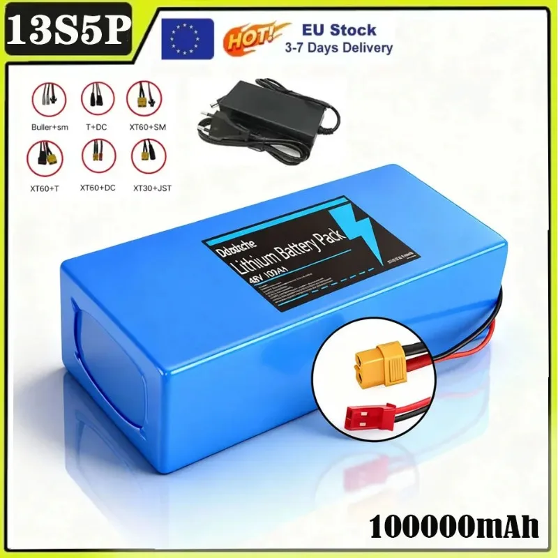 Pacco batterie 18650, adatto per motori da 500-1000 W, 13S5P, 48 V, 100000 mAh, batteria al litio ricaricabile, con sistema di gestione della batteria (BMS) integrato.