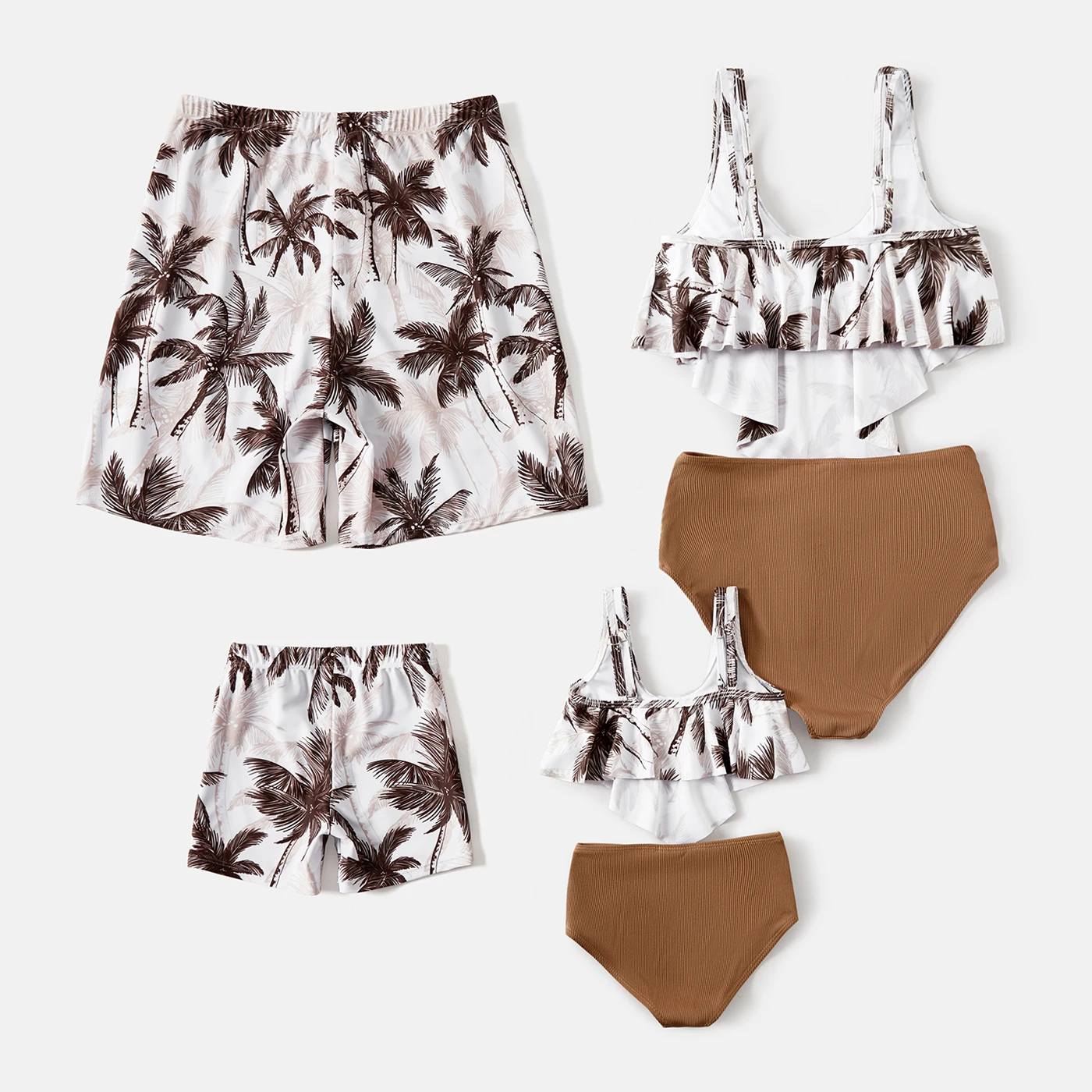 PatPat Family Matching Allover Coconut Tree Print Spliced Ruched One-piece Swimsuit and Swim Trunks