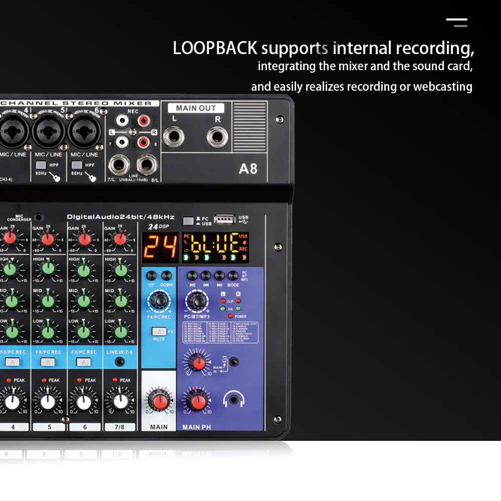 

HD Professional A8 Audio Mixing Console Sound Card with 8 Channel,USB,For Live Broadcast Computer Input 48V Power