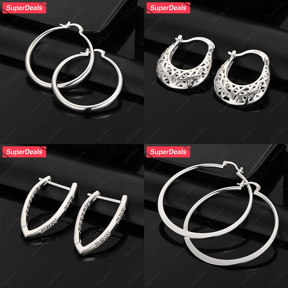 

SuperDeals 925 Sterling Silver V-Shaped Hollow Bag Smooth Round Hoop Earrings Women's Party Birthday Gift Temperament Jewelry