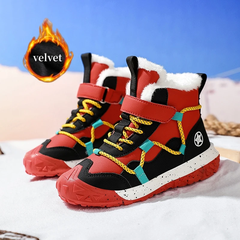 

Fashion Red Children's Snow Boots Winter Velvet Cotton Shoes For Boys Girls Outdoor Warm Fur High Top Sneakers Kids Plush Boots