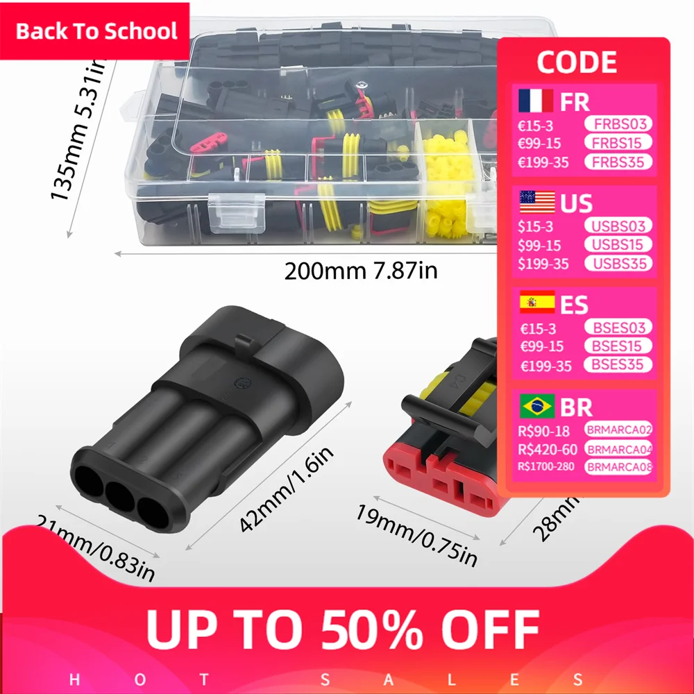 

280PCS 3 Pin Waterproof Connectors 3 Way Automotive Connect Set Electrical Connector ‎Plug Male Female Terminal Wire for Car