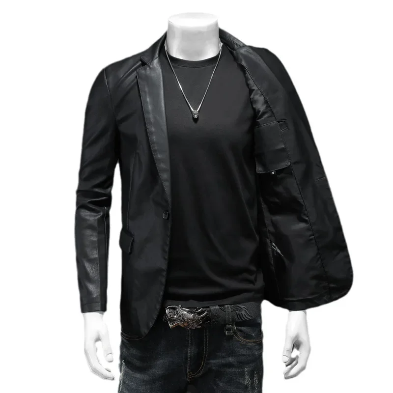 New Trendy Plus Size Slim Fit Leather Jacket for Office Work Street Pocket Fashion Casual Suit Men's Jacket
