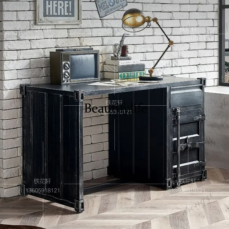 L181 Industrial style computer desk wrought iron writing desk study table retro American container office workbench