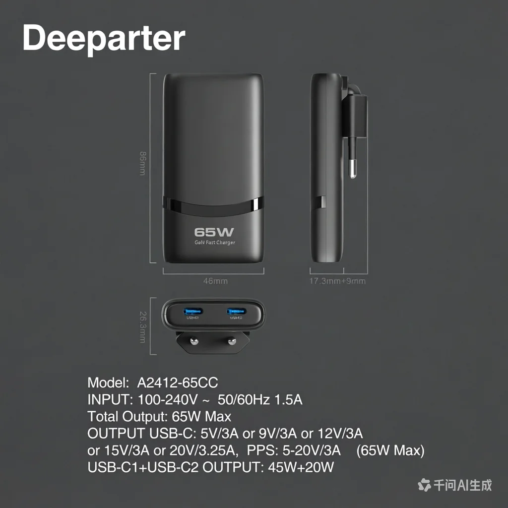65W Dual Type-C GaN Fast Charger EU Foldable Plug PD QC Quick Charge Small Portable Power Brick for iPhone Samsung iPad Tablet - view 4