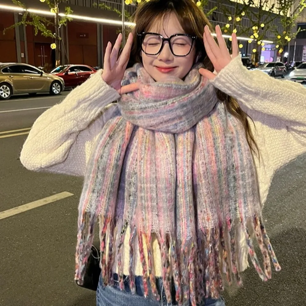 Korean Style Plaid Mohair Scarf Windproof Long Tassels Winter Cashmere Shawl Thickened Keep Warm Imitation Cashmere Scarf Gifts