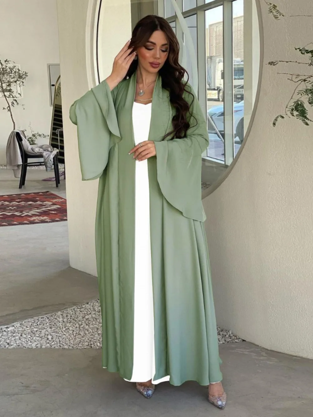 Cárdigan Abaya para mujer, vestido de fiesta marroquí, manga con volantes, Vestidos musulmanes sólidos, caftán Eid, bata larga de noche