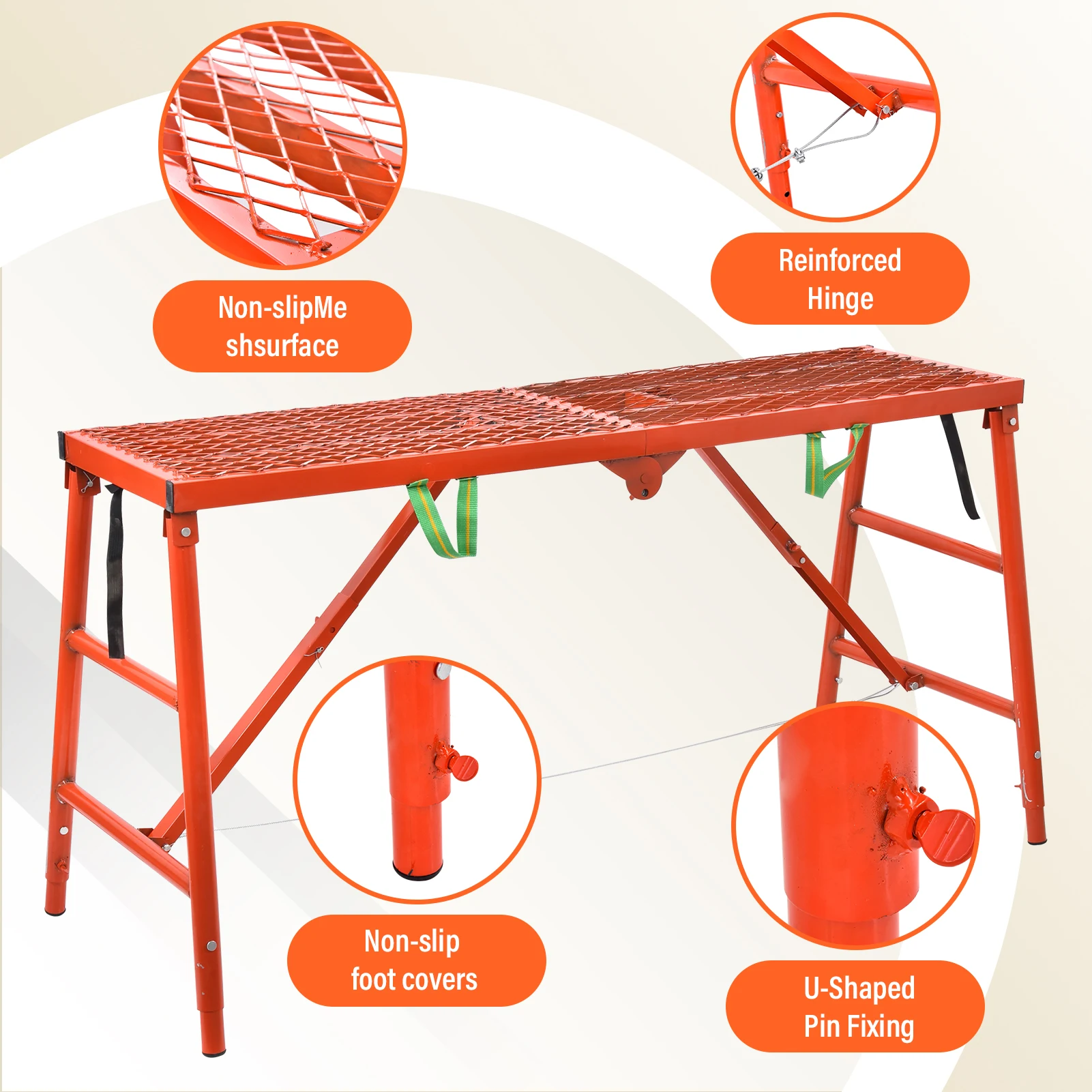 Banco de trabajo de andamio portátil, plataforma de andamio de acero resistente con capacidad de 711 libras, altura ajustable de 27,6-45,7 pulgadas, naranja
