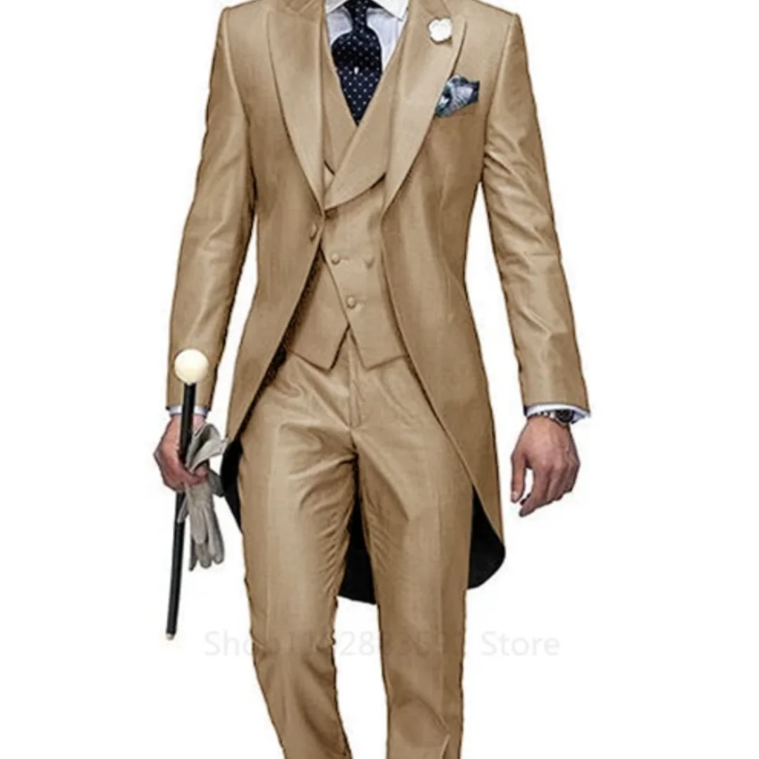 3 Pieces Blue Wedding Men Tail Coat  Groom Tuxedo for Formal Prom Male Suits Fashion Set Jacket with Pants Vest