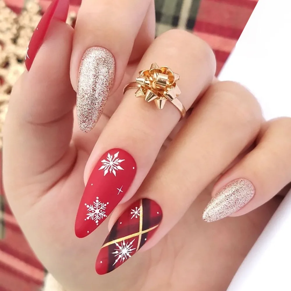 24pcs Almond Christmas French Ballet Fake Nails Detachable Wearable Manicure Extension Full Cover False Nail Press On Nails Girl