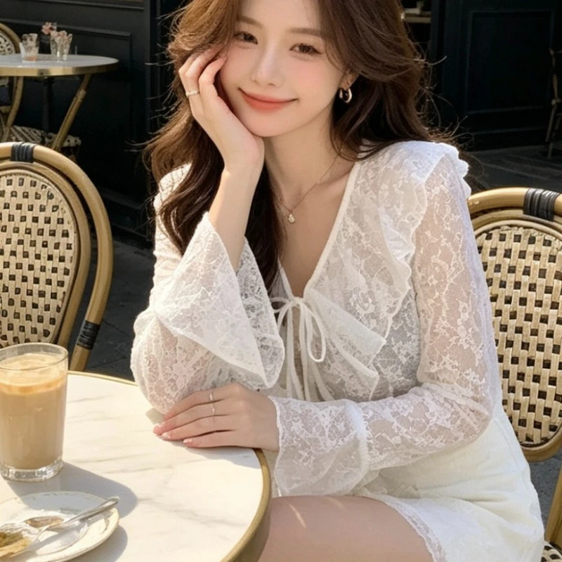 Summer Sweet Women Sun Protection Blouse Fashionable Bell Sleeve Lace Sheer Cardigan Tops Korean Elegant Ruffled V Neck Shirt image 5