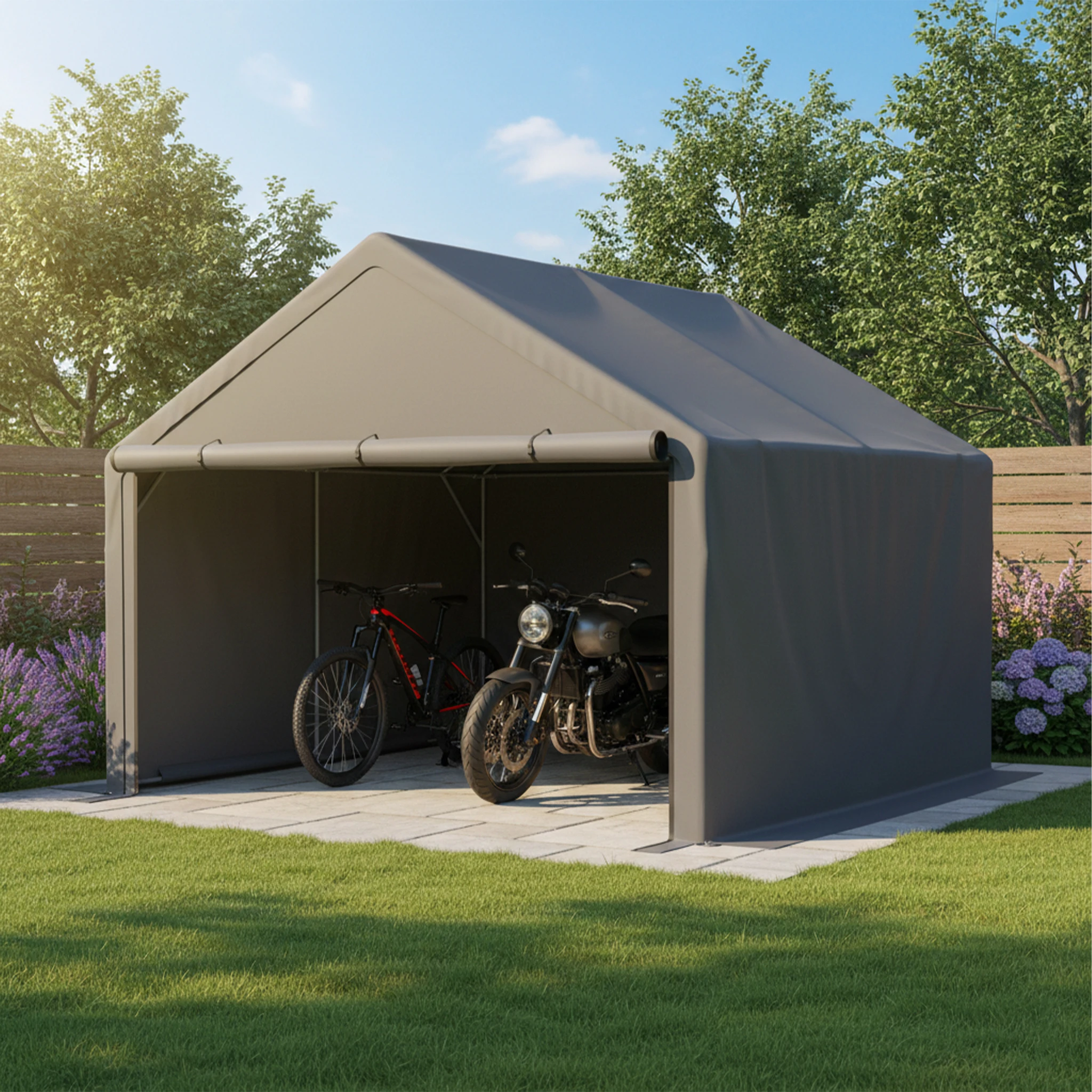 Abri pour vélos, tente extérieure, abri à outils et espace de rangement pour équipement de jardinage (305x296x233cm)