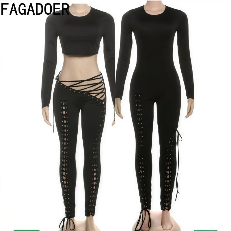 FAGADOER Sexy Bandage Patchwork Woman 2 Piece Set Outfit Solid Color Long Sleeves Crop Top + Pants Midnight Female Streetwear