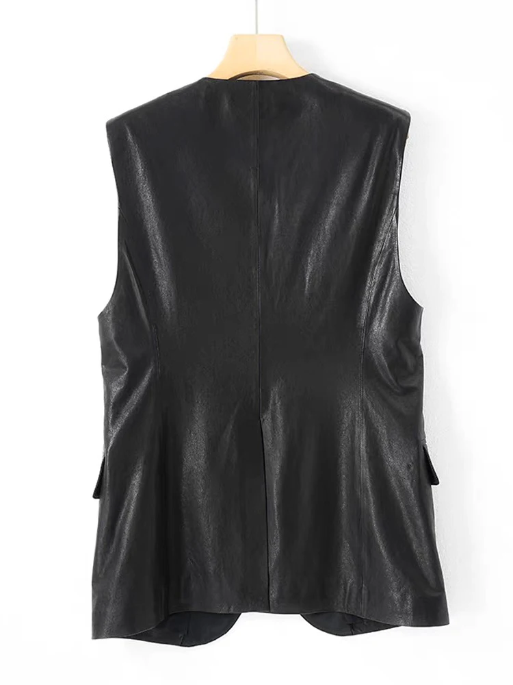 Fashion 2025 Women Sheepskin Genuine Leather Slim Fit Tank Top Streetwear Sleeveless Jacket Long V-Neck Vest Mujer