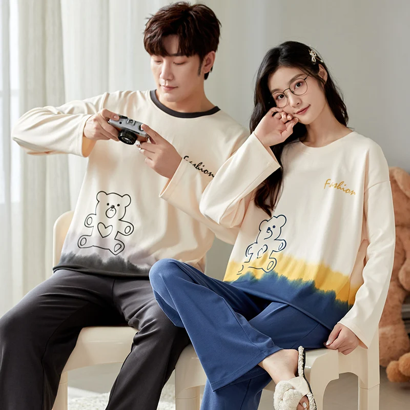 Cartoon Cute Pajamas Set For Women Men Cotton Couples Homewear Autumn Spring Long Sleep Tops Pant Nightwear Mujer hombre