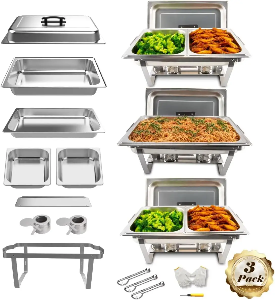 

3 Pack 8QT Rectangular Chafing Dish Buffet Set Stainless Steel Catering Chafers Food Warmer with Full,Half Food Pan