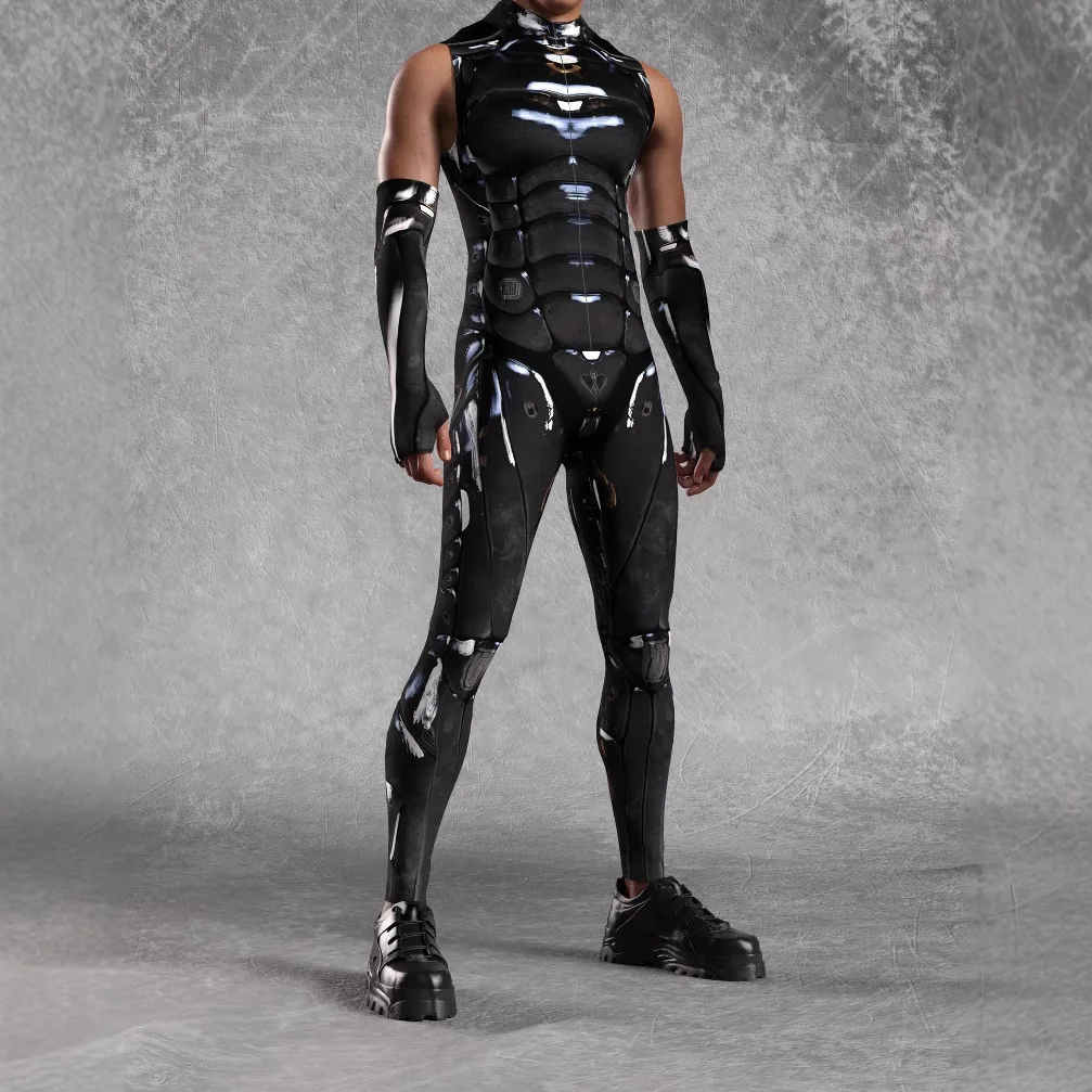 

Men Steampunk Cosplay Armor Robot Costume Stretch Tights Cyberpunk Mechanical Armor Bodysuit Halloween Party Sleeves Jumpsuit