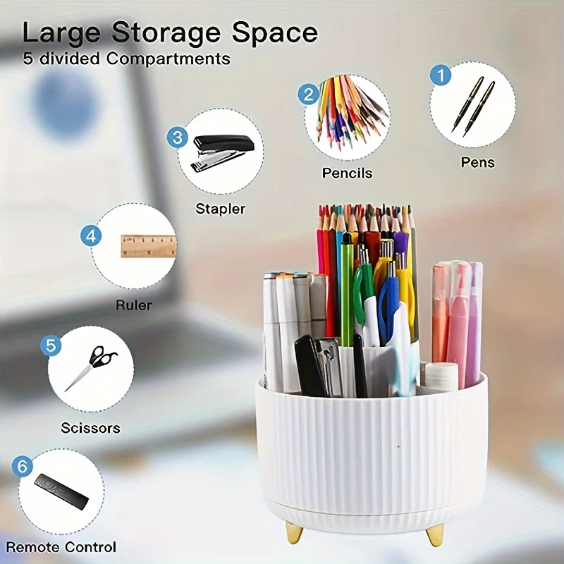 A Desktop Pen Holder Pencil Holder 5 Slots 360° Rotating Desktop Organization Stand Office School Pen Holder Jar Xmas