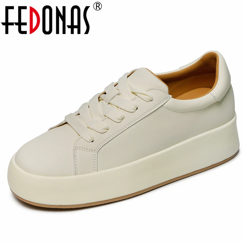 FEDONAS Fashion New Women Genuine Leather Sneakers Wedges High Heels Casual Shoes Cross-tied Round Toe Sport Shoes Woman