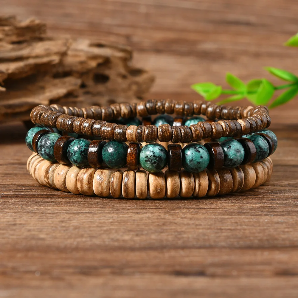 

Boho Bracelets Vintage African Turpine Coconut Shell Stackable Wooden Beaded Bracelets Summer Beach Vacation Holiday Jewelry