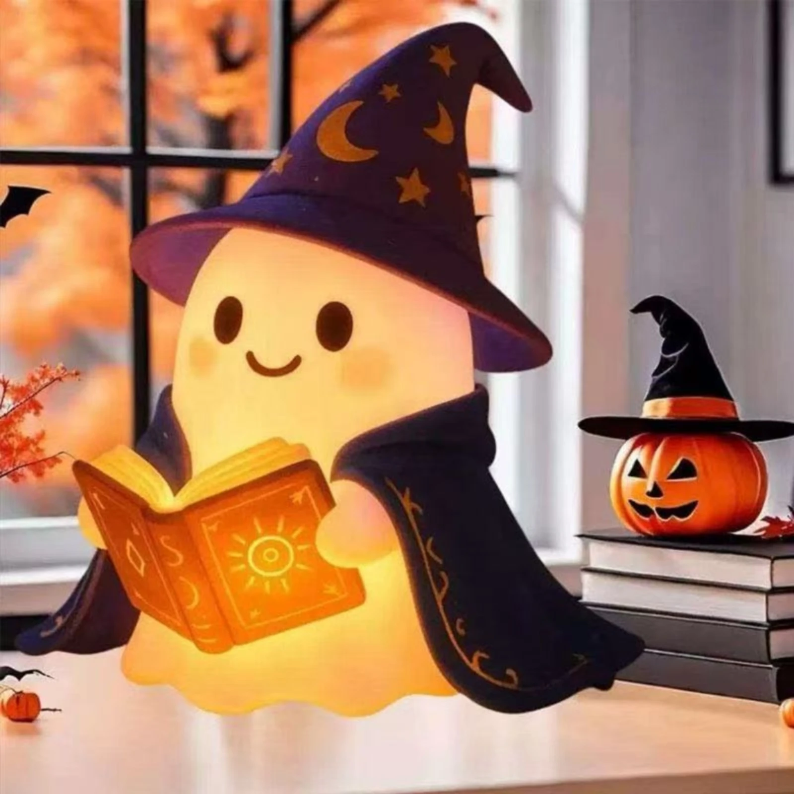 Figurine de sorcier fantôme, statue fantôme pour étagère avec livre lumineux, figurine décorative de table fantaisie pour coin lecture
