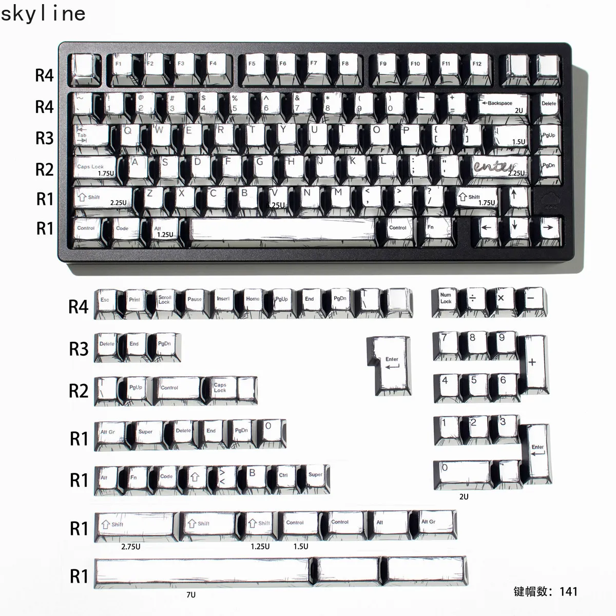 Cartoon Style White PBT Keycaps Cherry Profile Dye Sublimation Compatible with Wooting