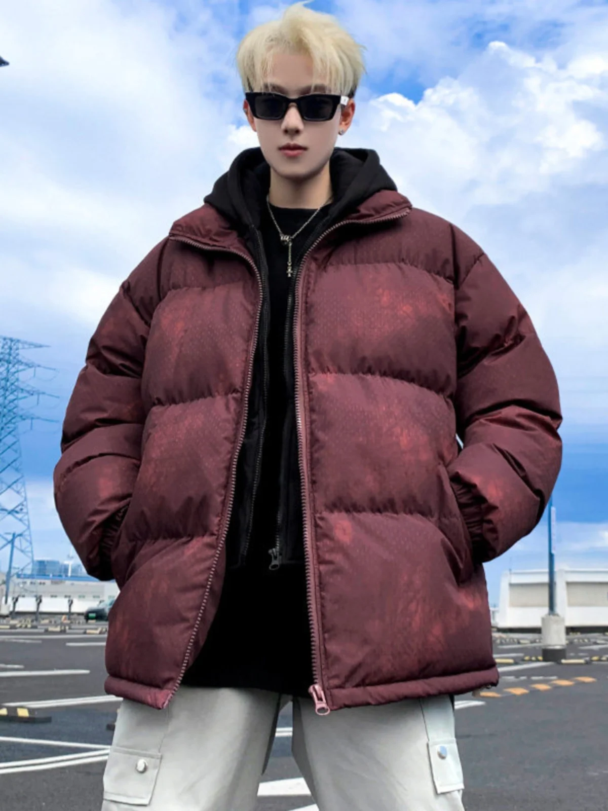 

Red Wine Color Dyed aving Thiened Men's down Cotton Jaet Loose Fit High Street Sle Winter Warm Zipper Closure Coat