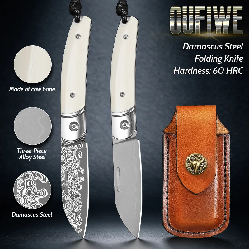 Handcrafted Damascus steel pocket knife, ideal for outdoor use; a multifunctional EDC folding knife; a unisex pocket fruit knife
