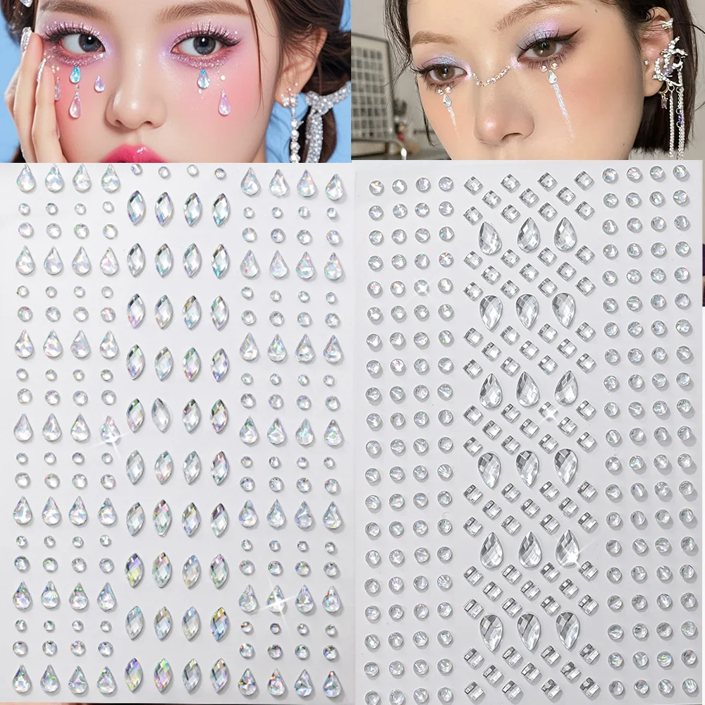 3D Illusionary White Face Rhinestone Sticker Self-adhesive Diamond Fake Tattoo for Party Festival Concert Eyes Body Makeup Decor