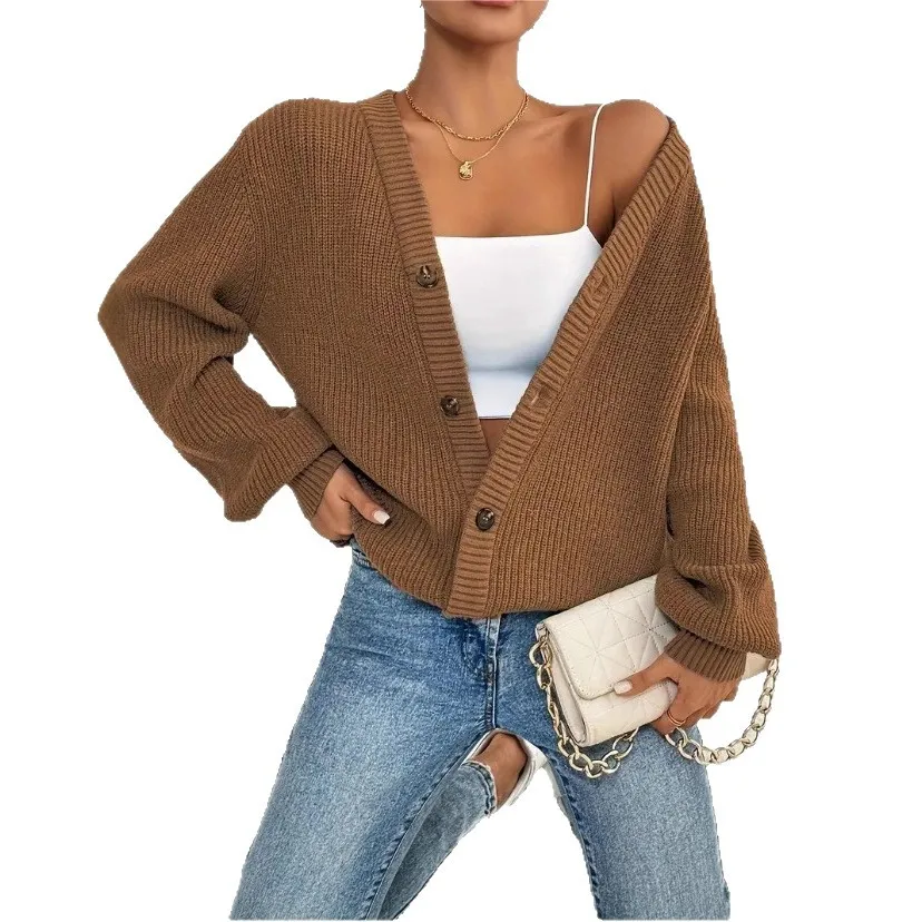

Women's Sweater V-neck Cardigan Autumn and Winter Solid Color Knitted Sweater Casual Versatile Knitted Jacket