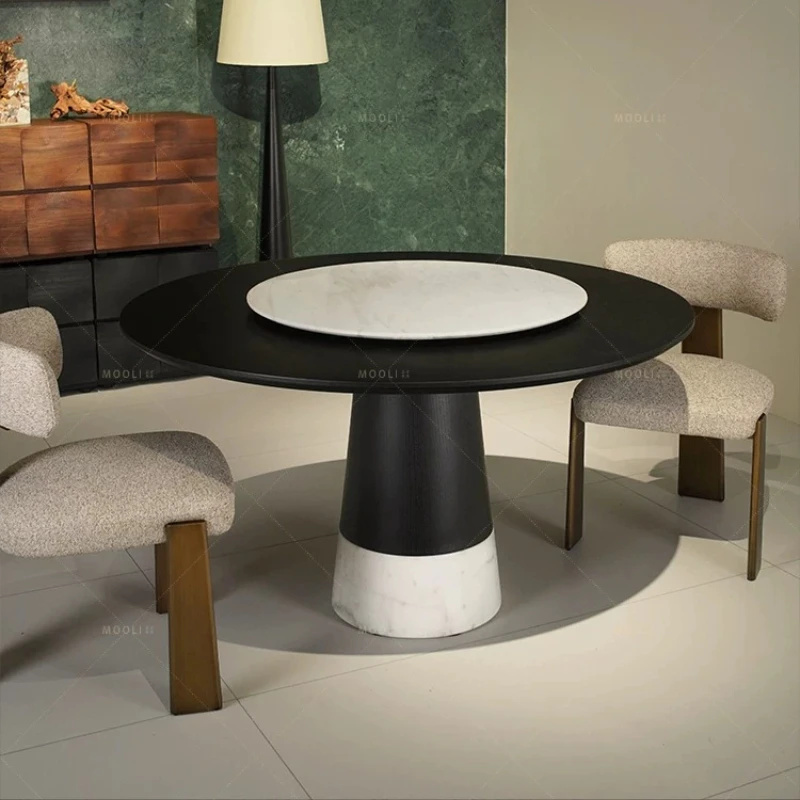 Medieval natural marble dining table and chair combination walnut solid wood round table household with turntable