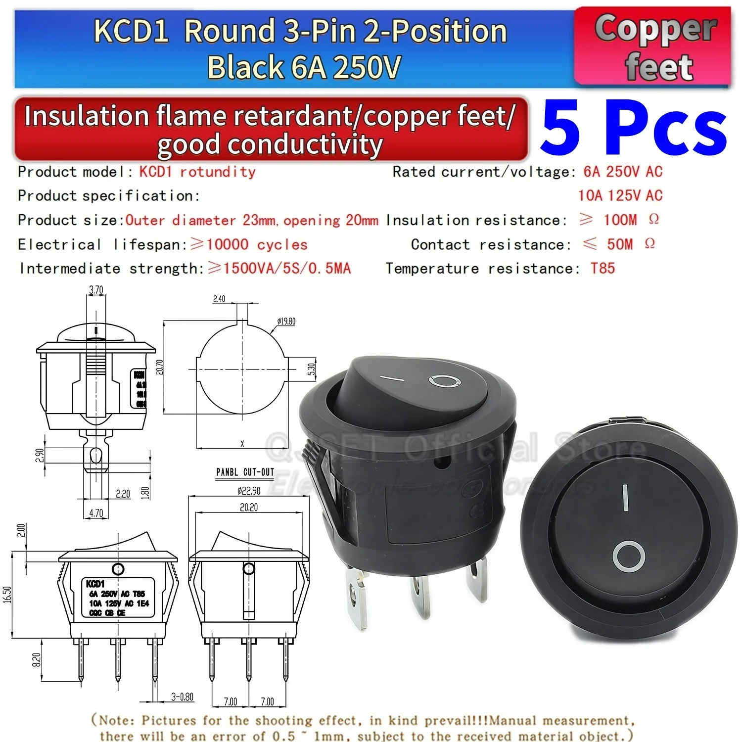 5 Stück KCD1 EIN-AUS-EIN 2/3/4-Pin 2/3-Positionen Einrastbarer 6A 220V Grüner Roter LED Runder Wippschalter für Haushalt DIY Ersatz – Detail 15