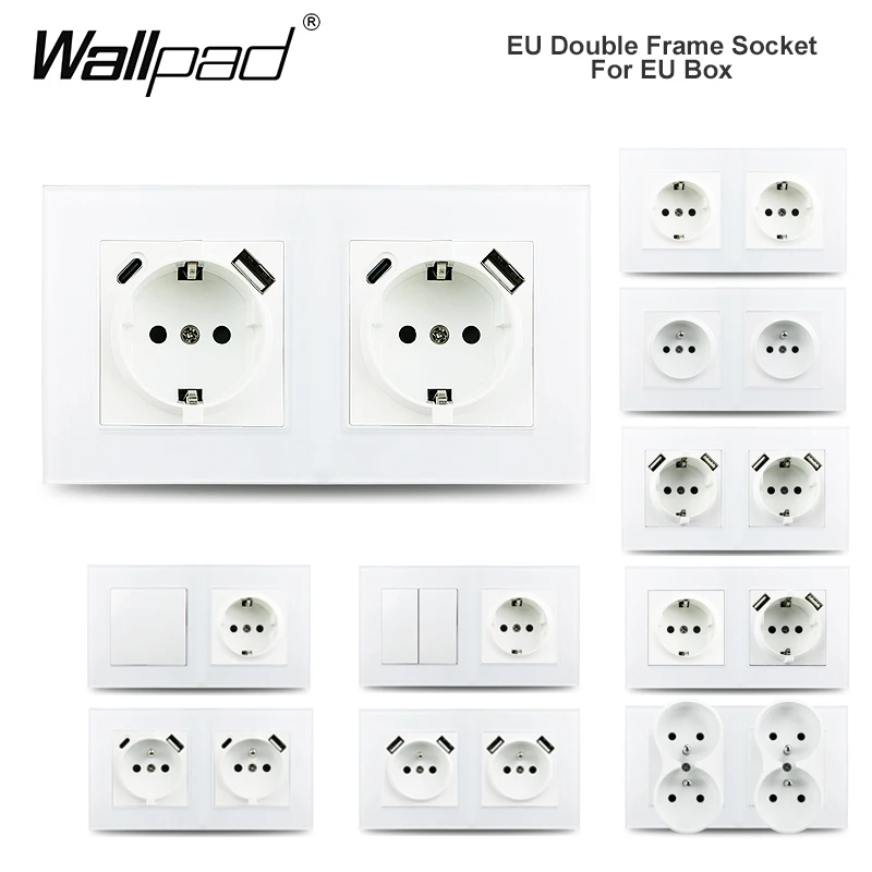 EU Socket 220V Usb C 16A 86*86mm Tempered Glass Panel, Wallpad European Socket with USB Plug Suitable for Round and Square Boxes