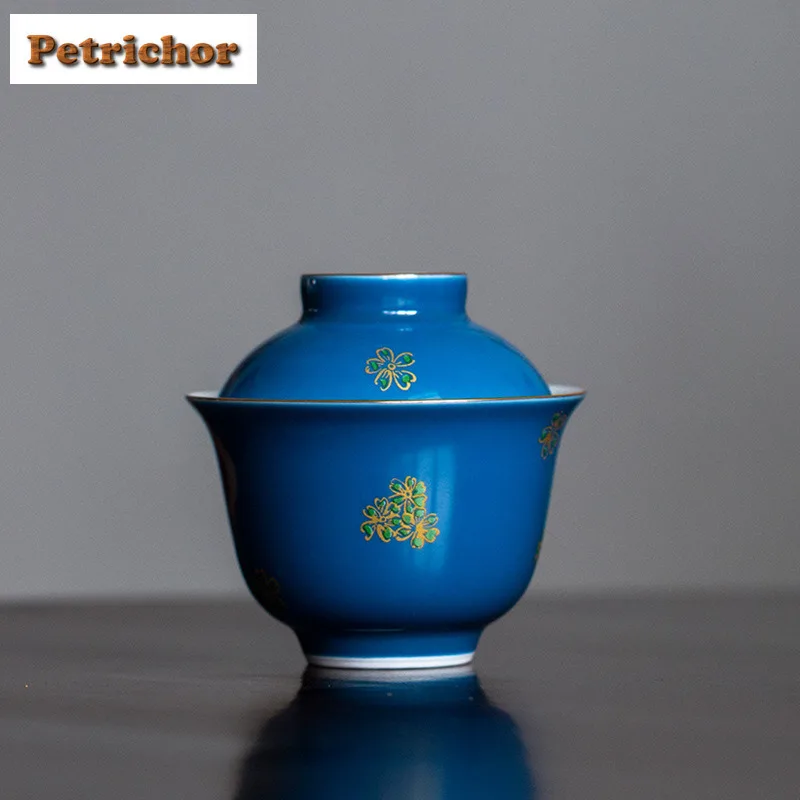 

110ml Sea And Sky Blue Hot Stamping Gaiwan Handmade Tea Tureen Tea Bowl With Lid Kit Tea Maker Cover Bowl Tea Items Craft Gift