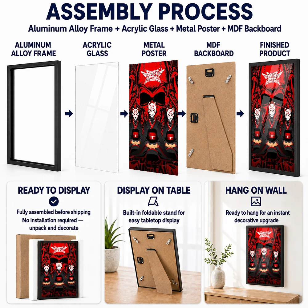 Babymetal With Kitsune Masks Framed Aluminum Metal Poster Customized Comic Style Wall Art For Record Room And Recording Studio