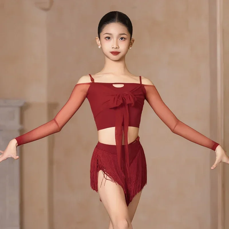 Traje de baile latino para niñas, ropa de actuación, Tops rojos, falda con borlas, conjunto de práctica, ropa de competición de baile Cha Rumba, 2025
