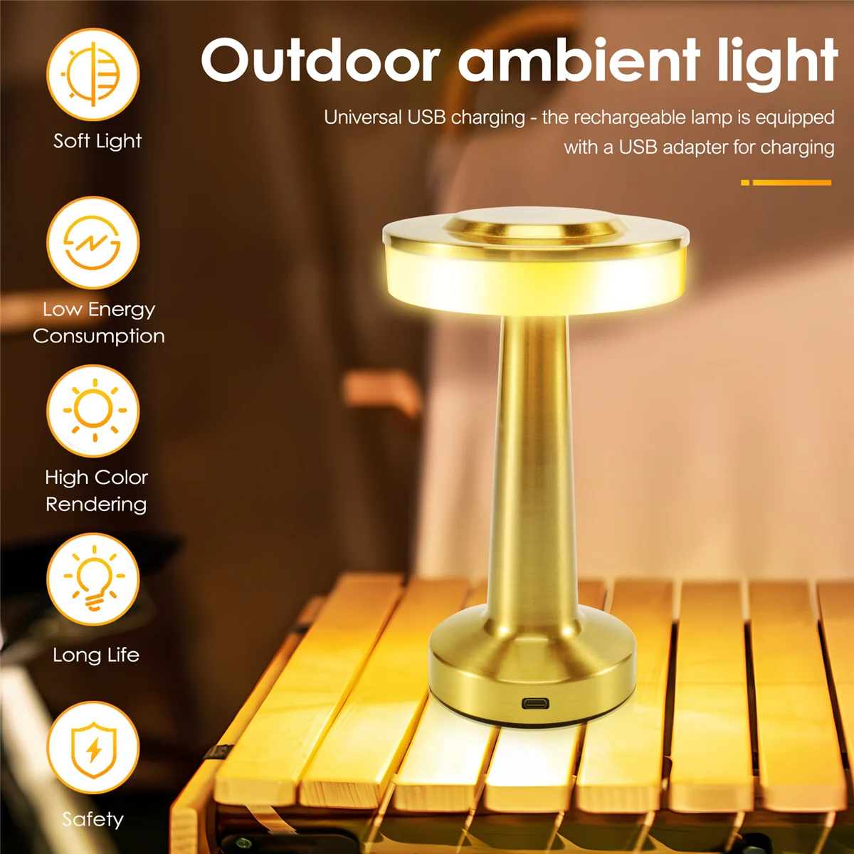 Touch LED Rechargeable Table Lamp Dining Table Hotel Bar Table Lamp Outdoor Small Night Lamp Decorative Table Lamp,GoldB84B