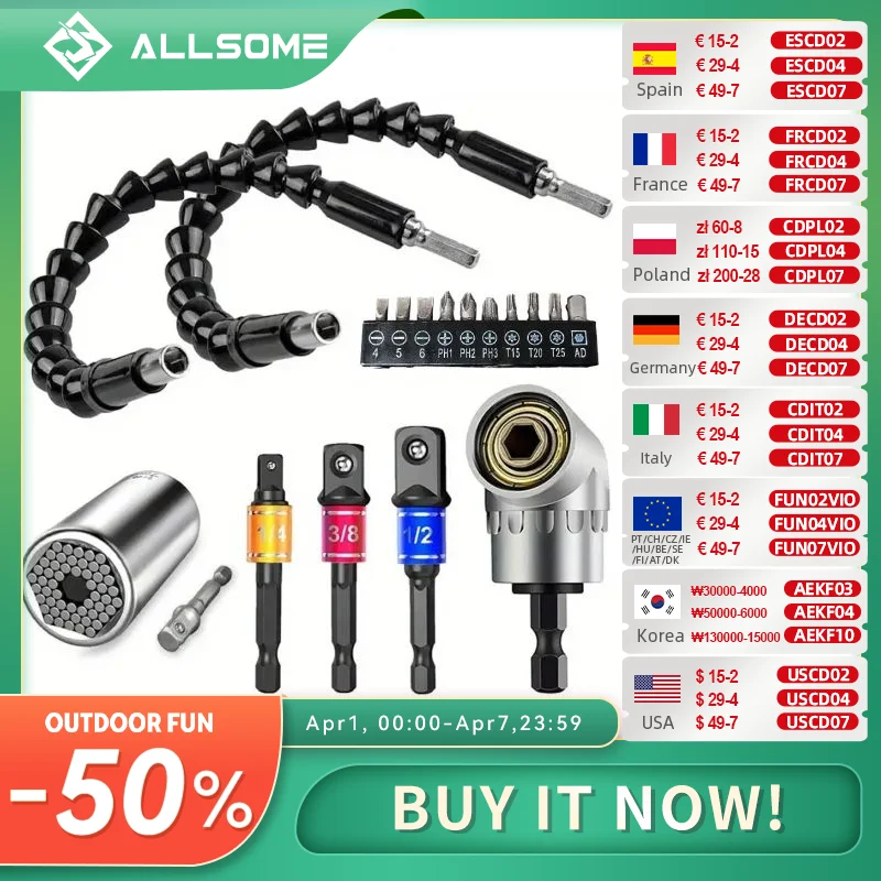 

Flexible Drill Extension Hex Shank Drill Nut Driver Bit Set Bendable Drill Bit Extension+Universal Socket Adapter+Screwdriver Bi