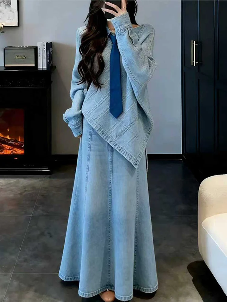 

2026 New Fashion Korean Edition Loose Cowboy Two Piece Set For Women's Spring Lazy Style High End Fashion Set