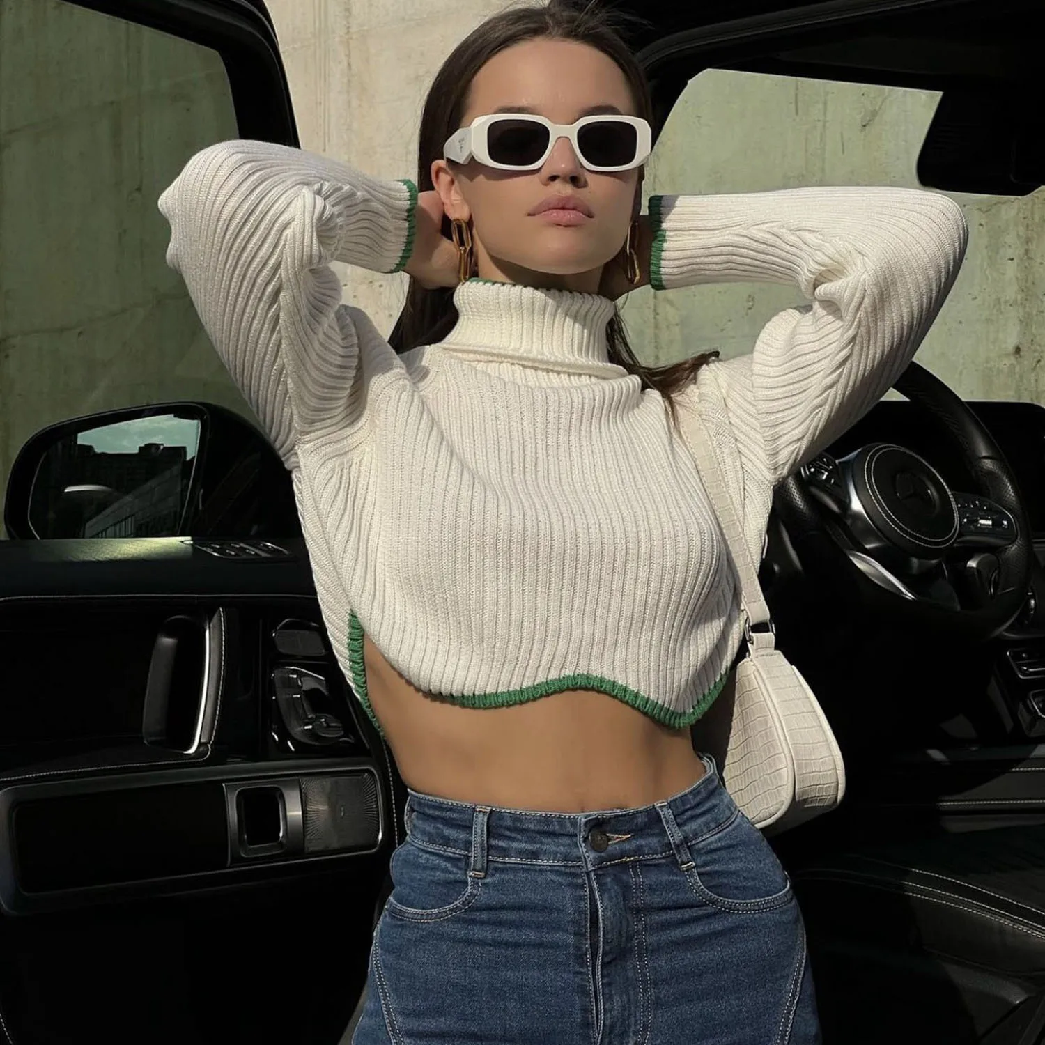 

Knit Long Sleeve Pullover Patchwork Knitwear Crop Sweater Jumper Cropped Turtleneck Sweaters for Women
