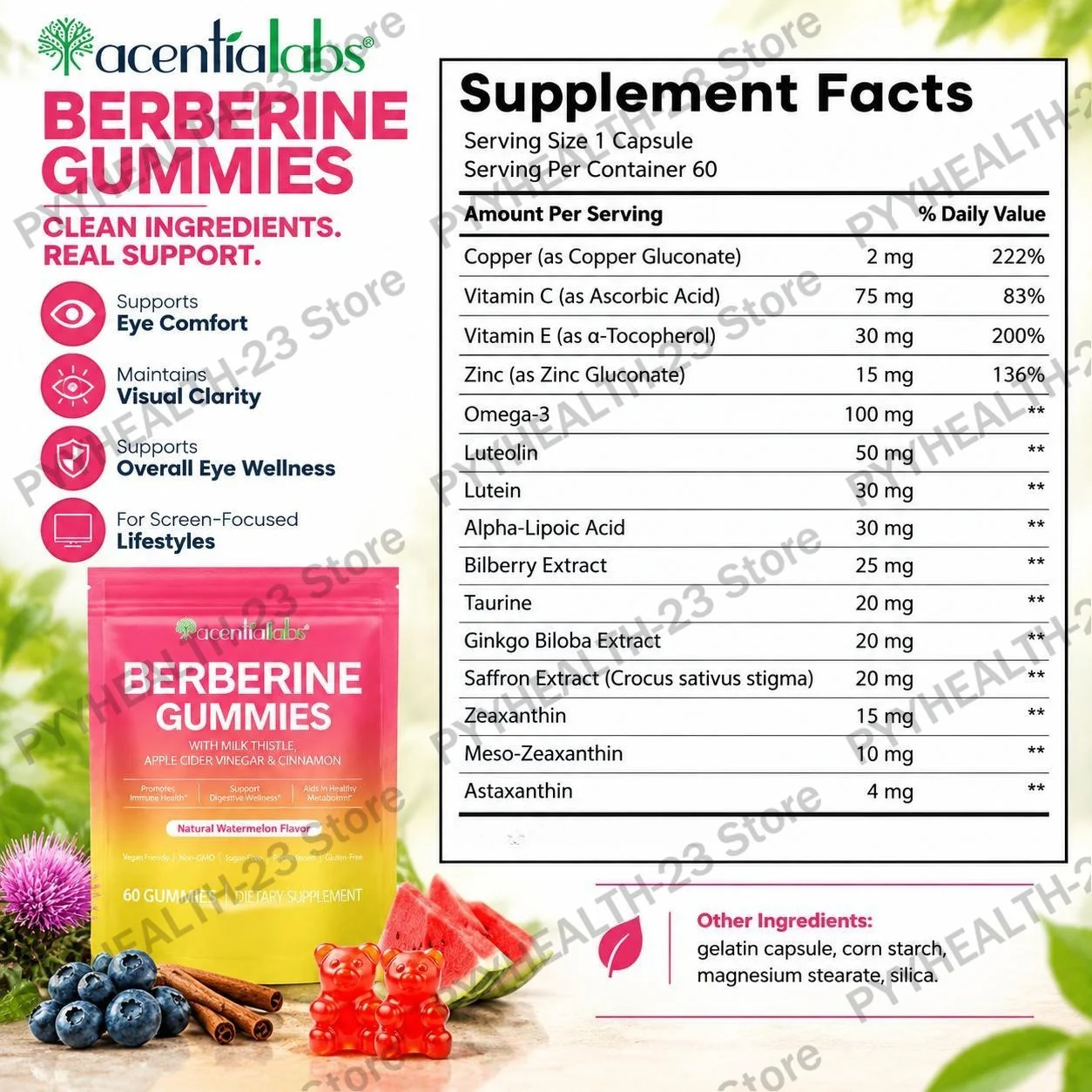 Acentiallabs Berberine Gummies Anti Fatigue Promotes Digestion Provides Energy & Comfort To The Intestines Body Management 60pcs