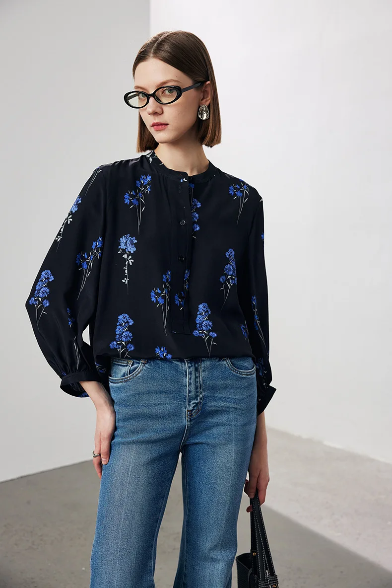 Stand-up Collar Commuting Casual Shirts Leisure Printing 100% Mulberry Silk Chic Women Button Blouses Office Lady Loose OL Shirt