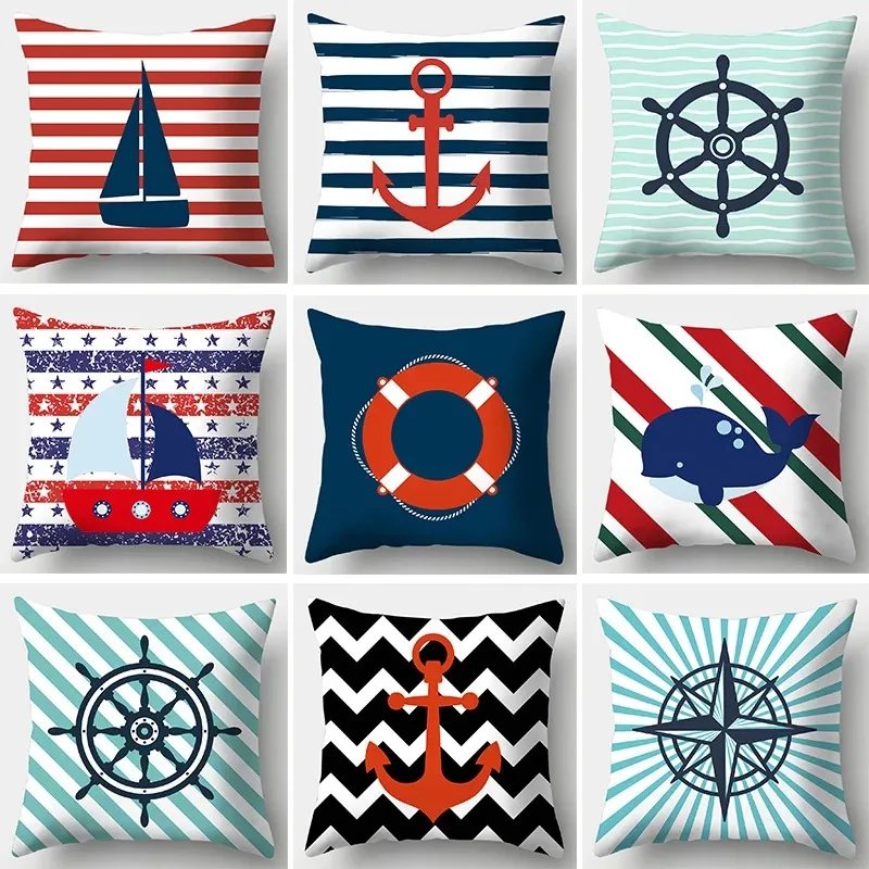 

Home Decor Sailor Style Pattern Cushion Cover Square Bedroom Living Room Sofa Marine Theme Printed Cushion Cover 45cmX45cm