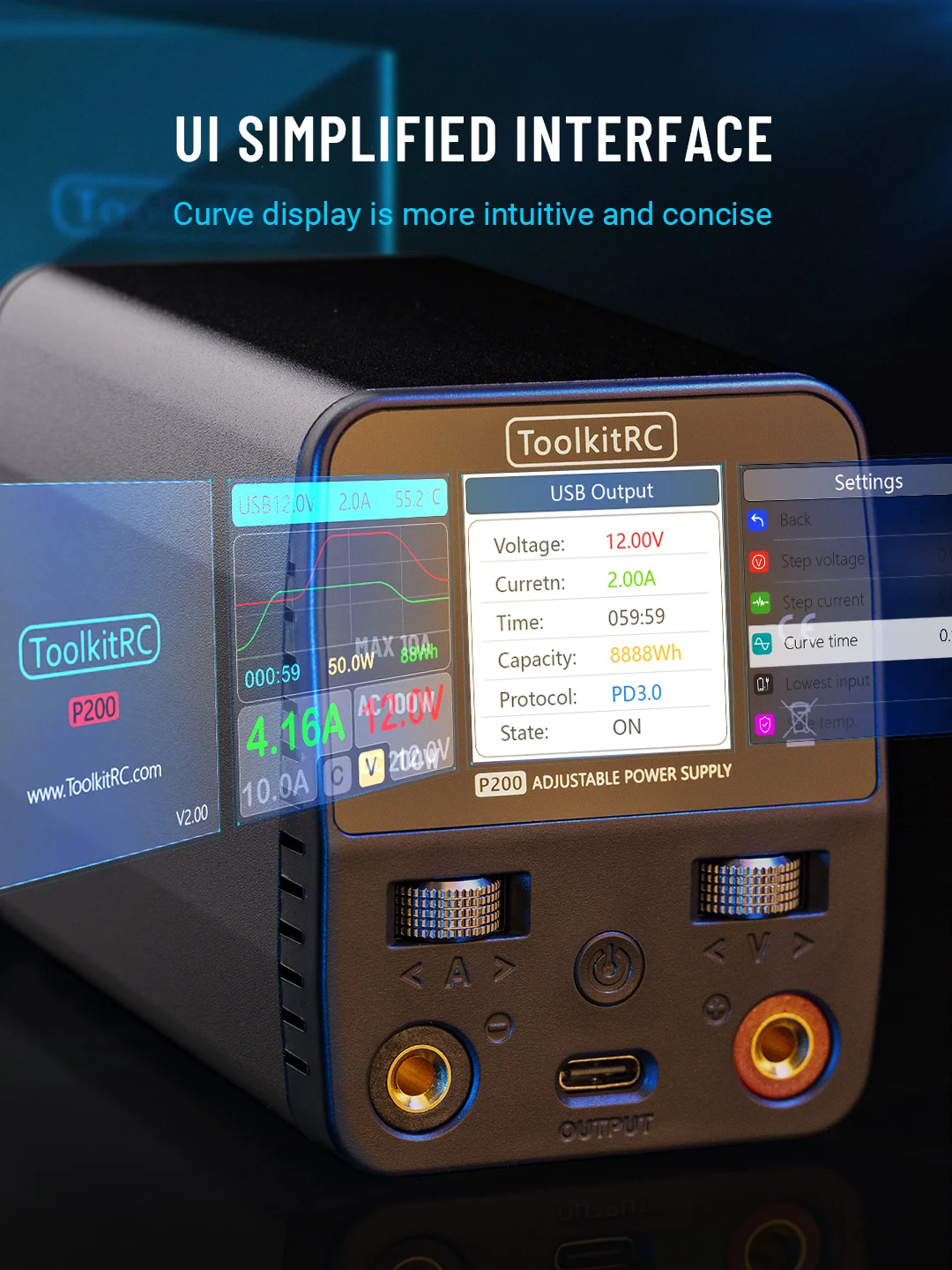 ToolkitRC P200 V2 Voedingsadapter 30V AC100W DC200W 10A Compatibele oplader Verstelbare desktopdisplay Uitgang Tybec